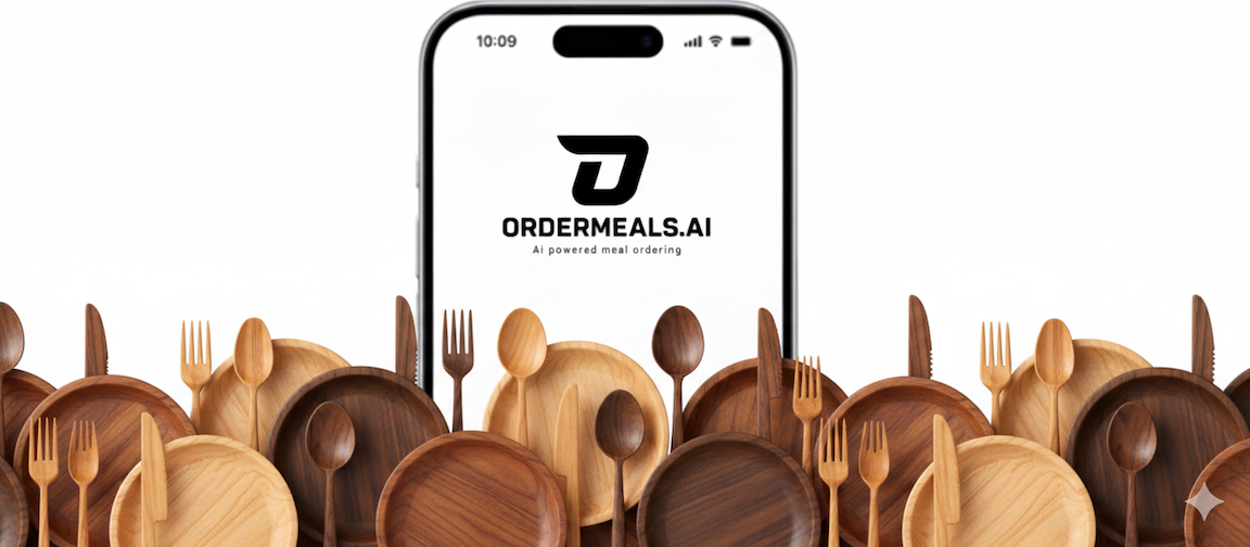 ORDERMEALS.AI Hero Section - iPhone displaying ORDERMEALS.AI logo and branding with colorful wave background